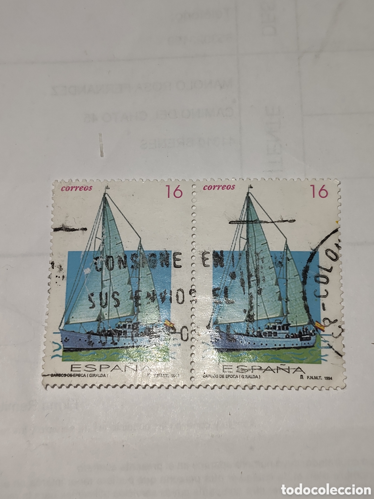 Sellos: Bloque de 2sellos de Espa&ntilde;a barcos de &eacute;poca-Giralda 1994