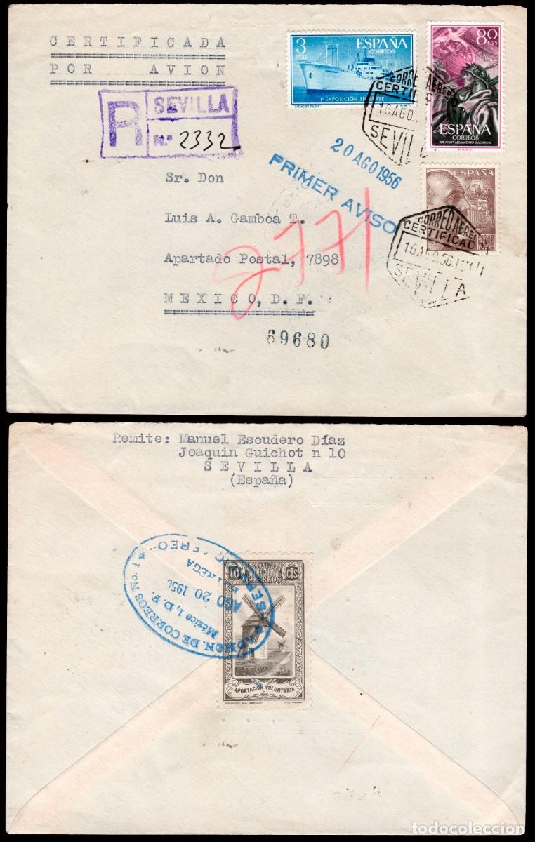 Francobolli: Espa&ntilde;a - Edi o 1059+1191+.. - Sobre Mat &rdquo;Correo a&eacute;reo - Certificado 16/08/56 - Sevilla&rdquo; a M&eacute;xico