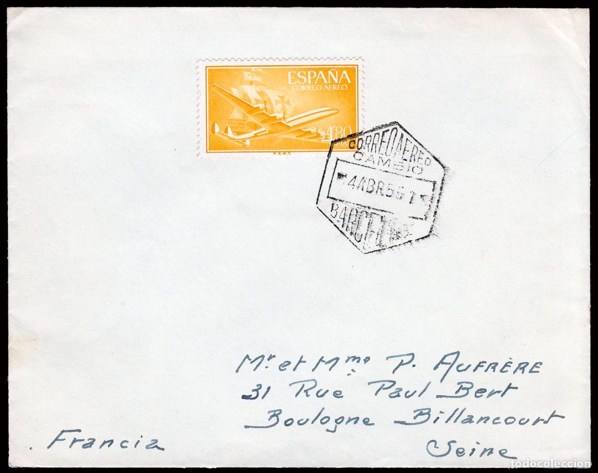 Timbres: Espa&ntilde;a - Edi o 1176- Sobre Mat &rdquo;Correo a&eacute;reo - Cambio - Barcelona 4/Abr./55&rdquo;