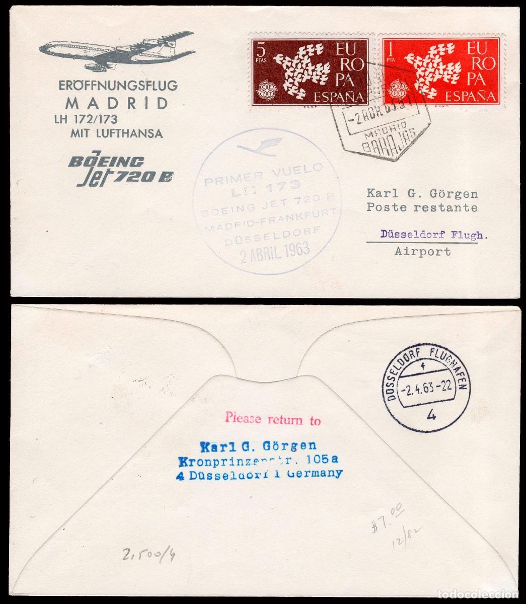 Francobolli: Espa&ntilde;a - Edi o 1371/2 - Sobre Mat &rdquo;Aeropuerto Madrid - Barajas 2/4/61&rdquo; + marca &rdquo;Primer vuelo...