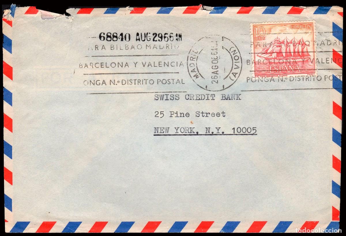 Francobolli: Espa&ntilde;a - Edi o 1612 - Sobre Mat rodillo &rdquo;Madrid - Avi&oacute;n 26/Ag./66&rdquo; a Nueva York