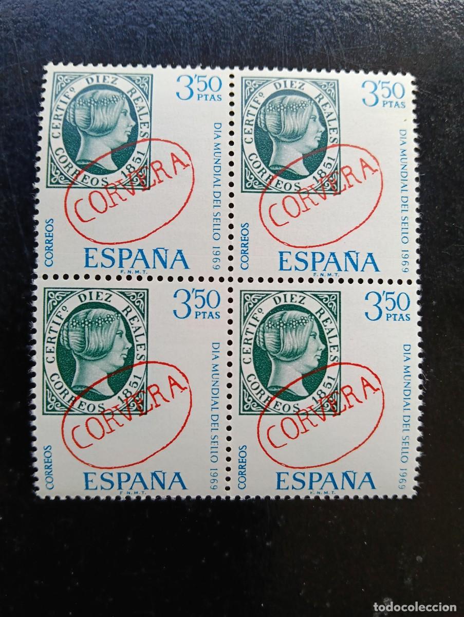 Timbres: Espa&ntilde;a 1969 -Edifil 1923 -D&iacute;a mundial del Sello. Marca prefilat&eacute;lica de Corvera - Bloque de 4