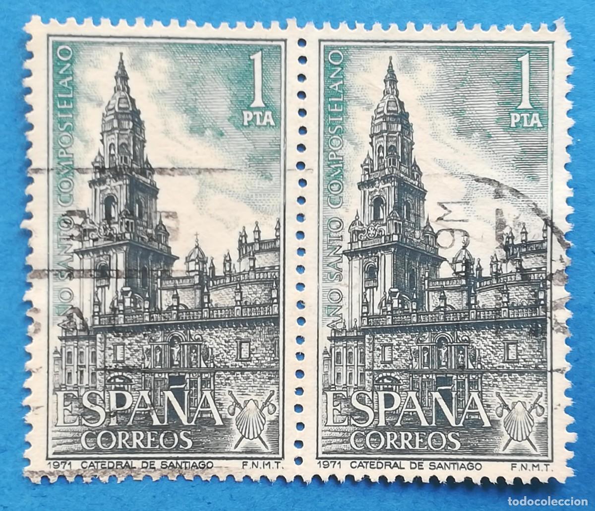 Stamps: A&ntilde;o Santo Compostelano 1971. Catedral de Santiago. Bloque de 2. Edifil 2063. Usado, sin fijasellos.