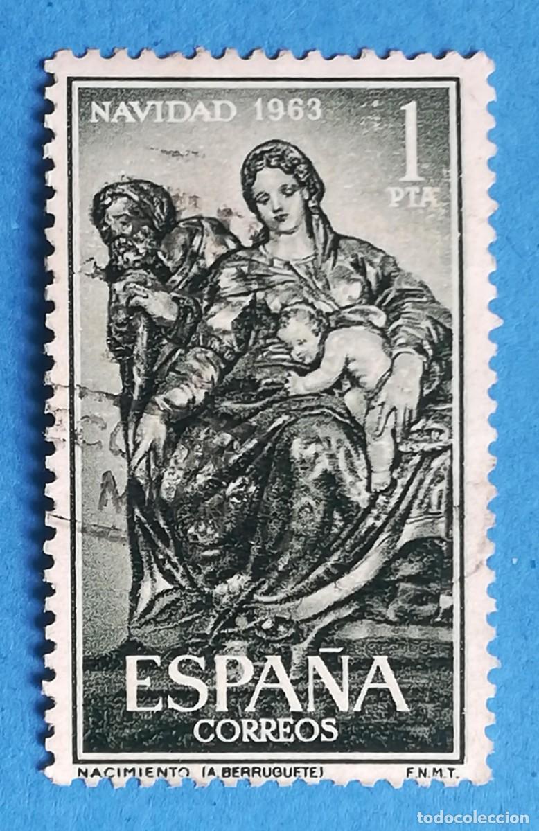Sellos: Navidad 1963. Nacimiento (Alonso Berruguete). Edifil 1535. Usado.