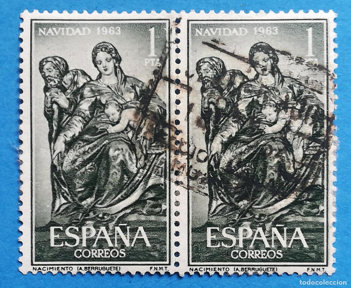 Sellos: Navidad 1963. Nacimiento (Alonso Berruguete). Bloque de 2. Edifil 1535. Usado.