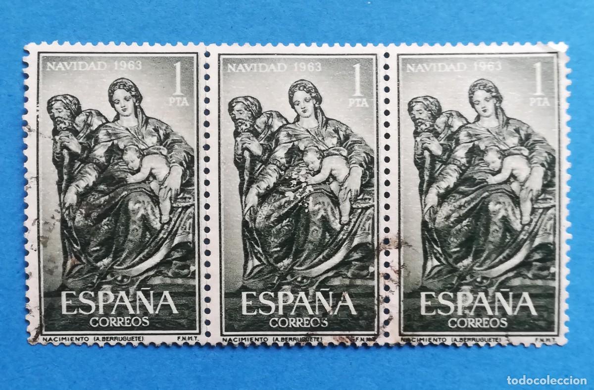 Sellos: Navidad 1963. Nacimiento (Alonso Berruguete). Bloque de 3. Edifil 1535. Usado.