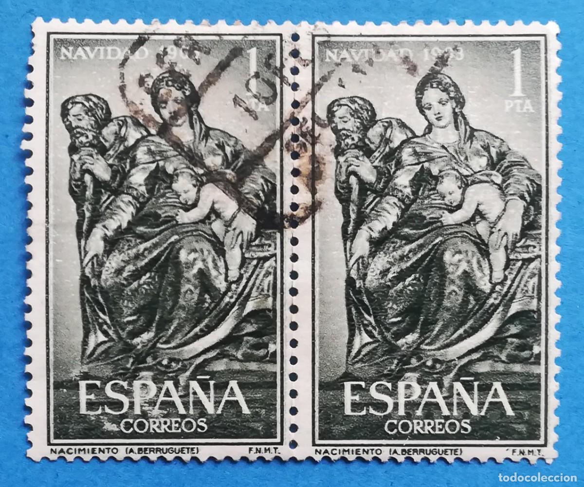 Sellos: Navidad 1963. Nacimiento (Alonso Berruguete). Bloque de 2. Edifil 1535. Usado.