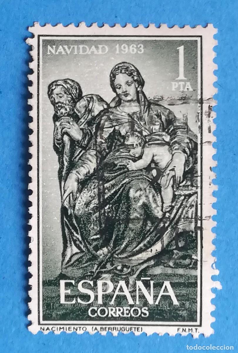 Sellos: Navidad 1963. Nacimiento (Alonso Berruguete). Edifil 1535. Usado.