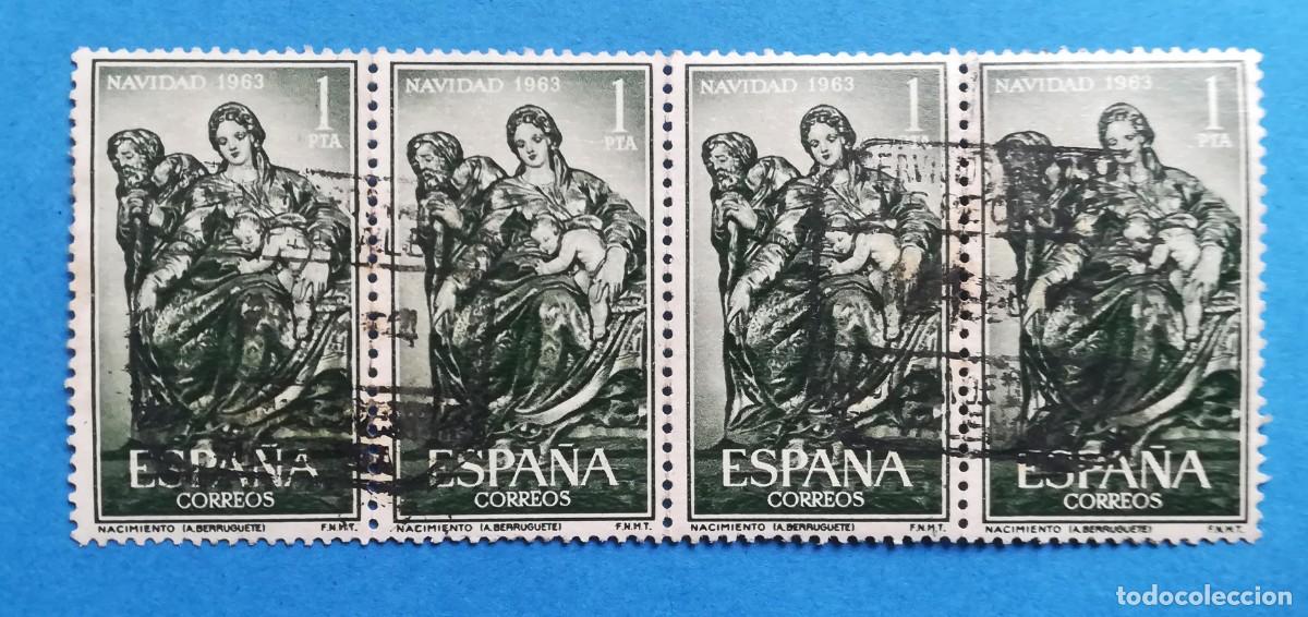 Sellos: Navidad 1963. Nacimiento (Alonso Berruguete). Bloque de 4. Edifil 1535. Usado.