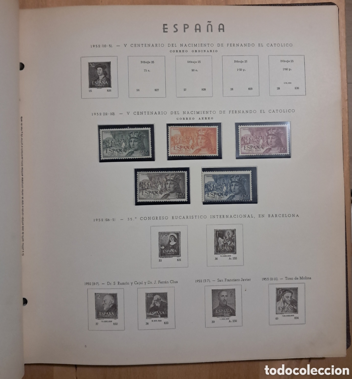 Timbres: SERIE COMPLETA FERNANDO EL CAT&Oacute;LICO CORREO A&Eacute;REO 1952 EN HOJA DE &Aacute;LBUM. MNH EDIFIL 1111/1115