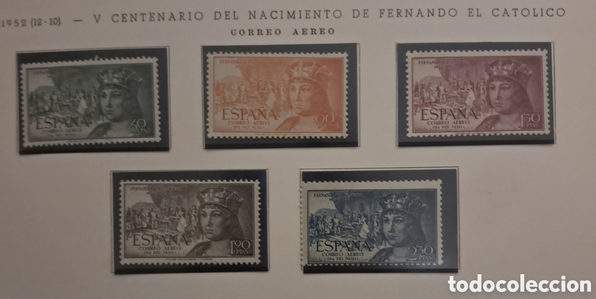Sellos: SERIE COMPLETA FERNANDO EL CAT&Oacute;LICO CORREO A&Eacute;REO 1952 EN HOJA DE &Aacute;LBUM. MNH EDIFIL 1111/1115