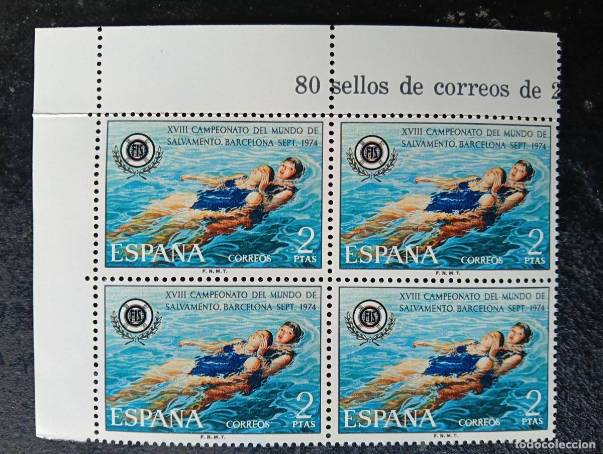 Sellos: Espa&ntilde;a 1974 - Edifil 2202 - XVIII Campeonato del Mundo Salvamento Acu&aacute;tico - Bloque de 4