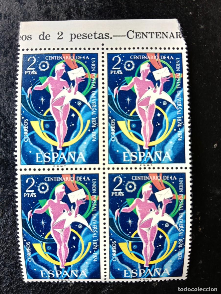 Sellos: Espa&ntilde;a 1974 - Edifil 2211 - Centenario Uni&oacute;n Postal Universal. Alegor&iacute;a. Nuevos. Bloque de 4