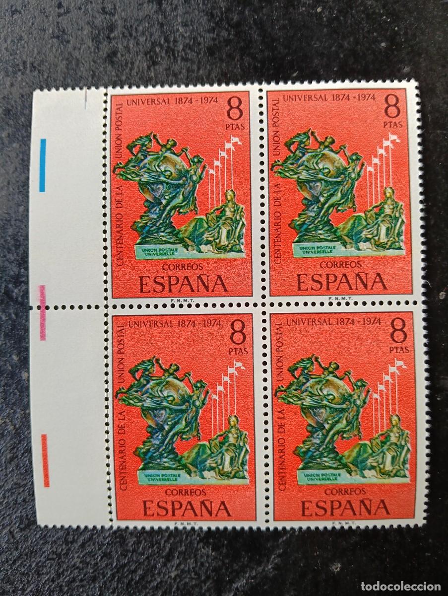 Sellos: Espa&ntilde;a 1974 - Edifil 2212 - Cent. Uni&oacute;n Postal Universal. Monumento UPU, Berna. Nuevos. Bloque de 4