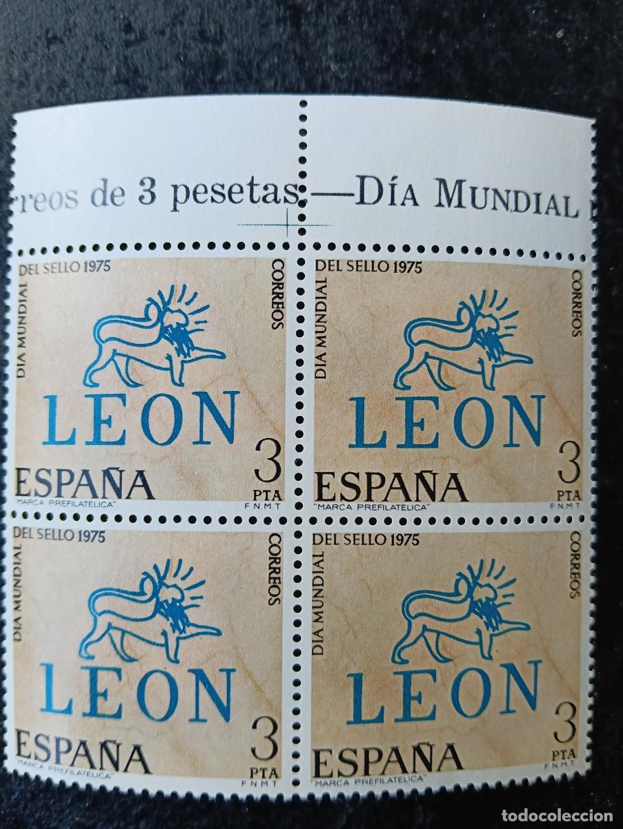 Sellos: Espa&ntilde;a 1975 - Edifil 2261 - D&iacute;a mundial del Sello. Marca prefilat&eacute;lica de Le&oacute;n. Nuevos. Bloque de 4