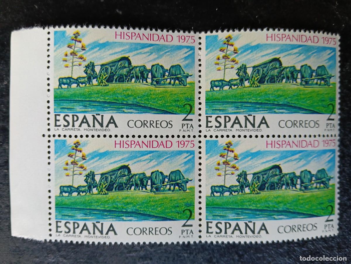 Sellos: Espa&ntilde;a 1975 - Edifil 2294 - Hispanidad. Uruguay. La Carreta, obra de Belloni. Nuevos. Bloque de 4