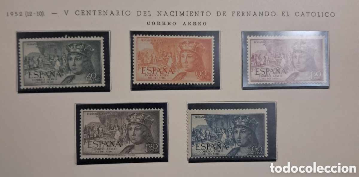 Selos: SERIE COMPLETA FERNANDO EL CAT&Oacute;LICO CORREO A&Eacute;REO 1952 EN HOJA DE &Aacute;LBUM. MNH EDIFIL 1111/1115