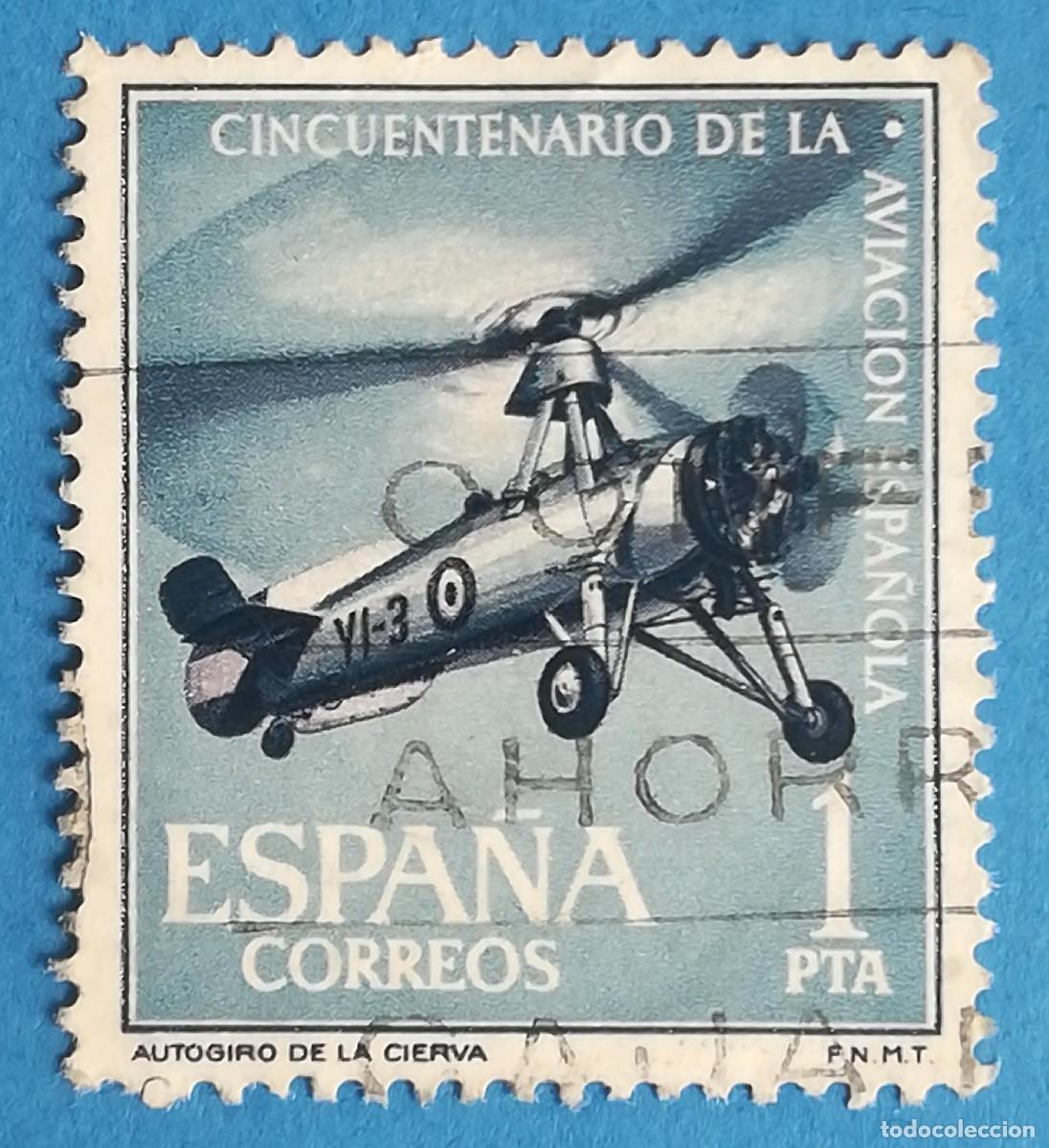 Sellos: Cincuentenario de la Aviaci&oacute;n Espa&ntilde;ola. Autogiro de La Cierva. Edifil 1401. Usado.