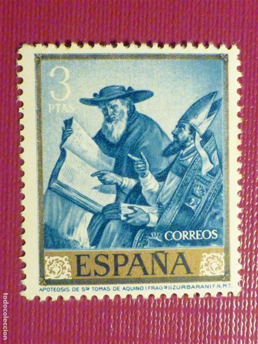 Sellos: Sello Estado Espa&ntilde;ol - Edifil 1425 - 3 Pta - Zurbaran - Apoteosis S. Tom&aacute;s de Aquino - A&ntilde;o 1962
