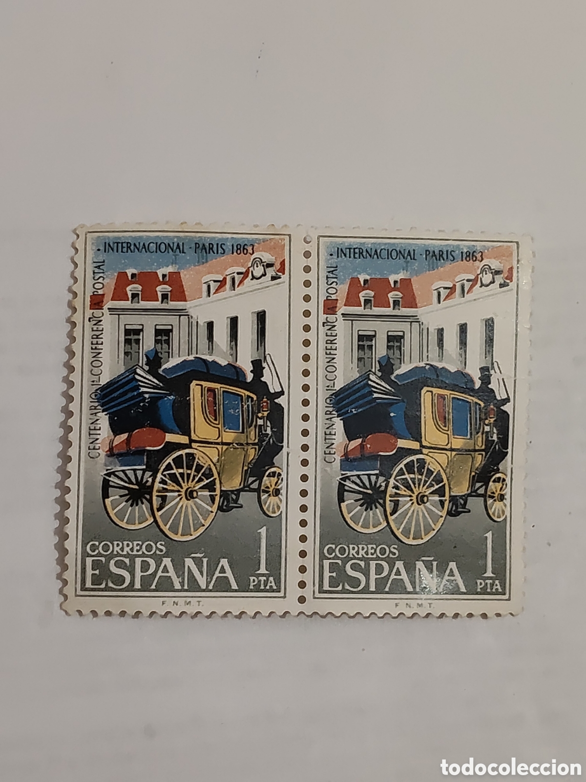 Sellos: Bloque de 2 sellos de Espa&ntilde;a centenario de la conferencia postal internacional de Paris 1963