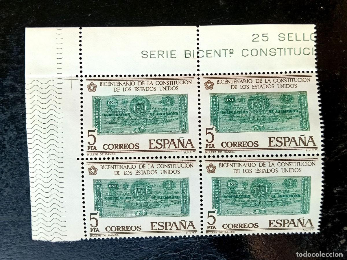 Sellos: Espa&ntilde;a 1976 - Edifil 2324 - Bicentenario Independencia Estados Unidos. Billete 1$ - Bloque de 4