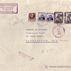 Sellos: ESPAÑA. (CAT. 663, 670, 673). 1932. SOBRE CERTIFICADO DE BARCELONA A EE.UU. MUY BONITA Y RARA.