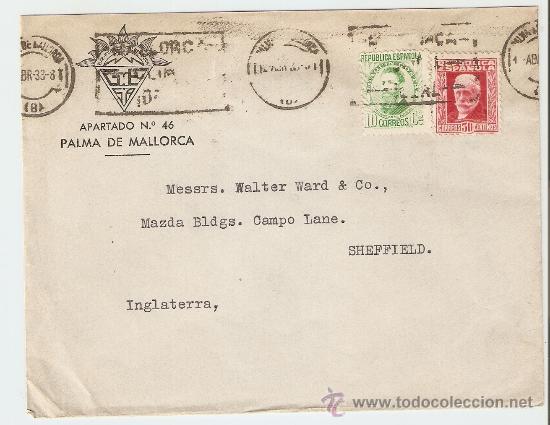 Sellos: Sobre circulado  Palma de Mallorca - Sheffield 1933