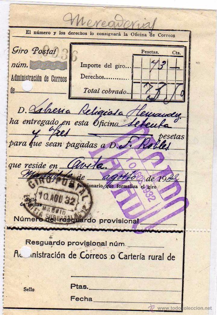 Sellos: Resguardo giro postal. 1932 - Foto 1