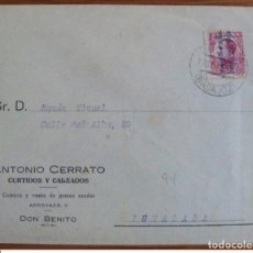 Francobolli: ESPAÑA VAQUER PERFIL 1931 DON BENITO BADAJOZ SOBRE COMERCIAL ANTONIO CERRATO CURTIDOS CALZADOS. Lote 199501638