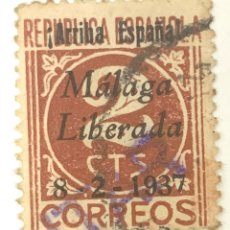 Sellos: SELLO ESPAÑA REPUBLICA 1937 2 CENTIMOS MARRON CON INSCRIPCION MALAGA LIBERADA ARRIBA ESPAÑA 8-2-1937. Lote 215046116