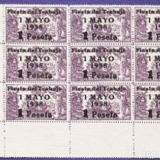 Sellos: BLOQUE DE 9 SELLOS FIESTA DEL TRABAJO 1 MAYO 1938 1 PESETA REPÚBLICA ESPAÑOLA