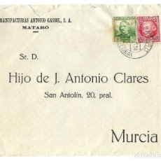 Sellos: 1938 MATARO (BARCELONA) A MURCIA CARTA SOBRE SELLOS REPÚBLICA. GUERRA CIVIL. Lote 254430940