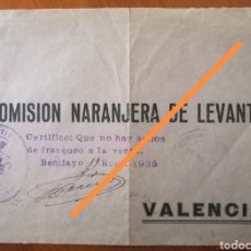 Sellos: BENIFAIO. VALENCIA. COMISIÓN NARANJERA LEVANTE. FRONTAL CARTA 1935. NO HAY SELLOS. FRANQUICIA LOCAL
