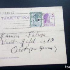 Sellos: ENTERO POSTAL ALFONSO XIII CIRCULADA DE BARCELONA A OLOT , SELLO AYUNTAMIENTO BARCELONA