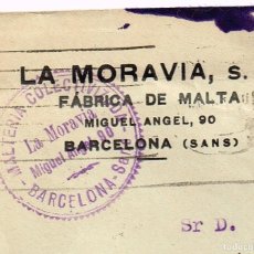 Francobolli: 1937 SOBRE ”LA MORAVIA FÁBRICA MALTA” CAUCHO COLECTIVIZACIÓN SELLO AYTO. BARCELONA OLIVA DE VILANOVA. Lote 370736321