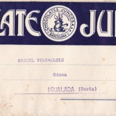 Francobolli: GP2- CARTA PUBLICITARIA CHOCOLATES JUNCOSA BARCELONA- IGUALADA 1935. CON TEXTO, BONITO MEMBRETE. Lote 377589019