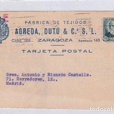 Sellos: FÁBRICA DE TEJIDOS AGREDA, DUTÚ ZARAGOZA. CIRCULADA EN 1932