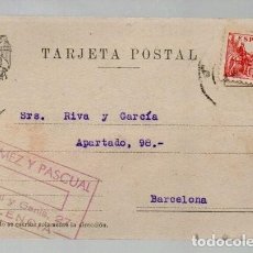 Sellos: VALENCIA - BARCELONA 2 OCTUBRE 1939, TARJETA POSTAL COMERCIAL. RIVA Y GARCÍA. SELLO CENSURA MILITAR.