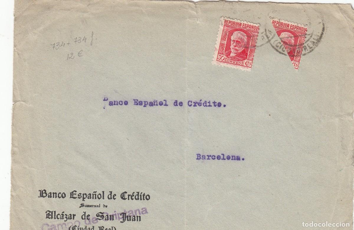 Sellos: FRONTAL CON SELLO NUM 734 Y BISECTADO EN SOBRE DE BANESTO EN CAMPO DE CRIPTANA - Foto 1