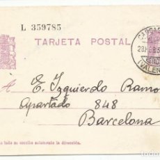 Sellos: TARJETA ENTERO POSTAL CIRCULADA 1936 DE ESTACION CARCAIXENT CARCAGENTE A BARCELONA