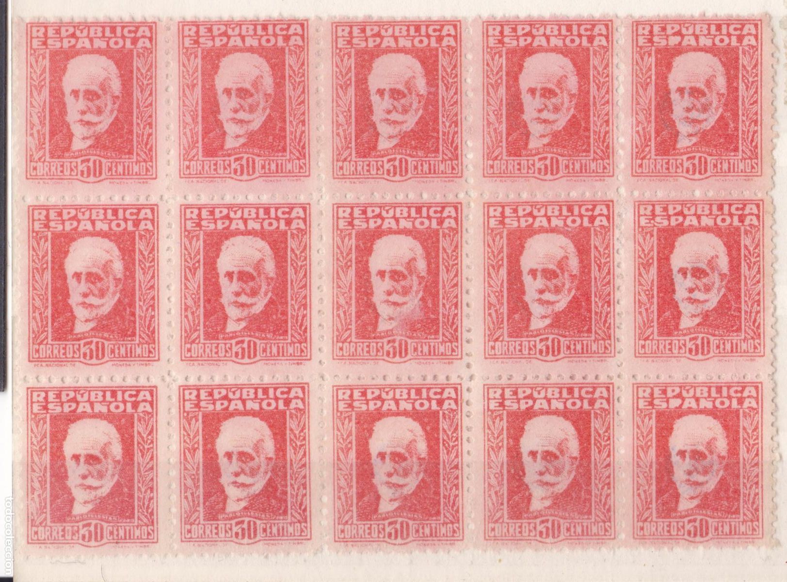 Sellos: NN1- REPUBLICA Pablo Iglesias FALSO POSTAL Bloque de 15 (*) Marquillados