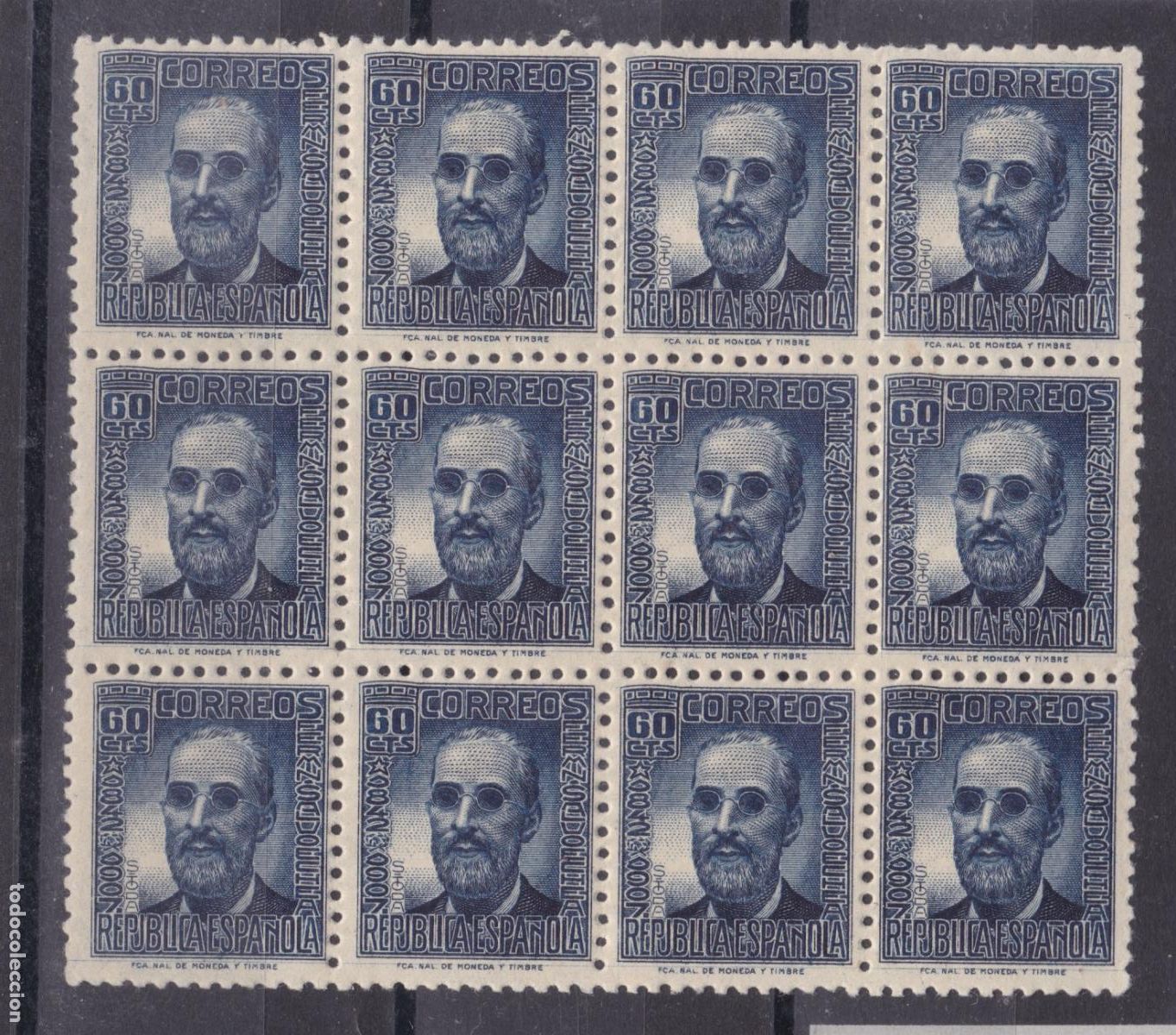 Sellos: SS34- Rep&uacute;blica SALVOECHEA Edifil 739 Bloque de 12. CENTRADOS ** Sin Fijasellos . LUJO