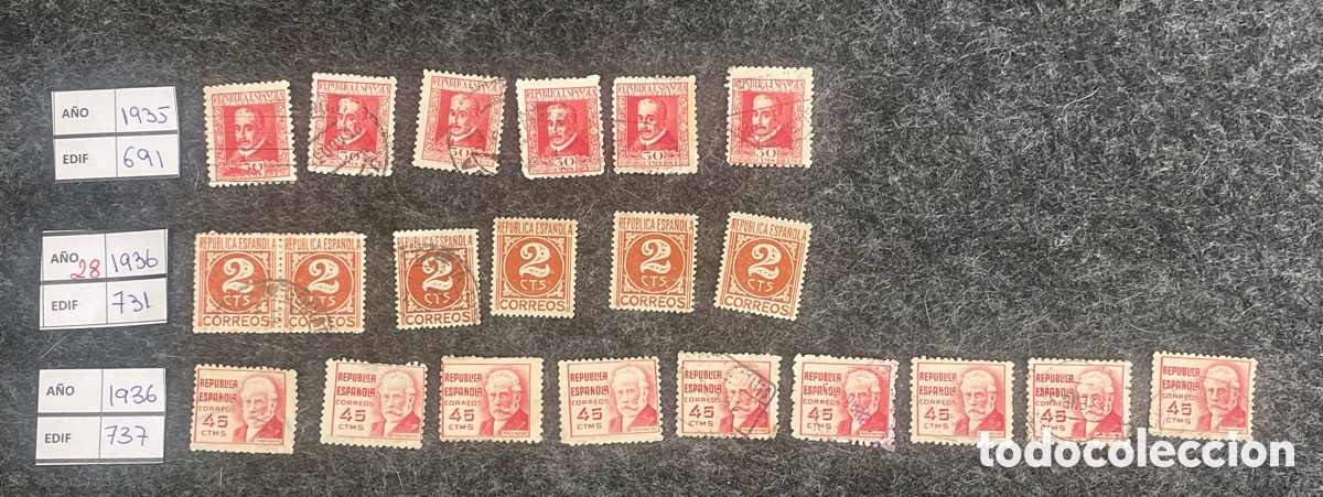 Sellos: Lote 43 sellos Rep&uacute;blica Espa&ntilde;ola 1935-1936 Edifil 691 731 737 usados