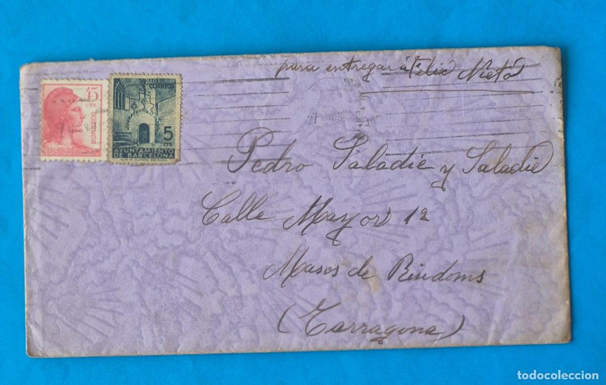 Sellos: SOBRE CIRCULADO a&ntilde;o 1938&ndash;MATASELLOS RODILLO BARCELONA-SOBRE CON MARCA AL AGUA E INTERIOR FORRADO EN