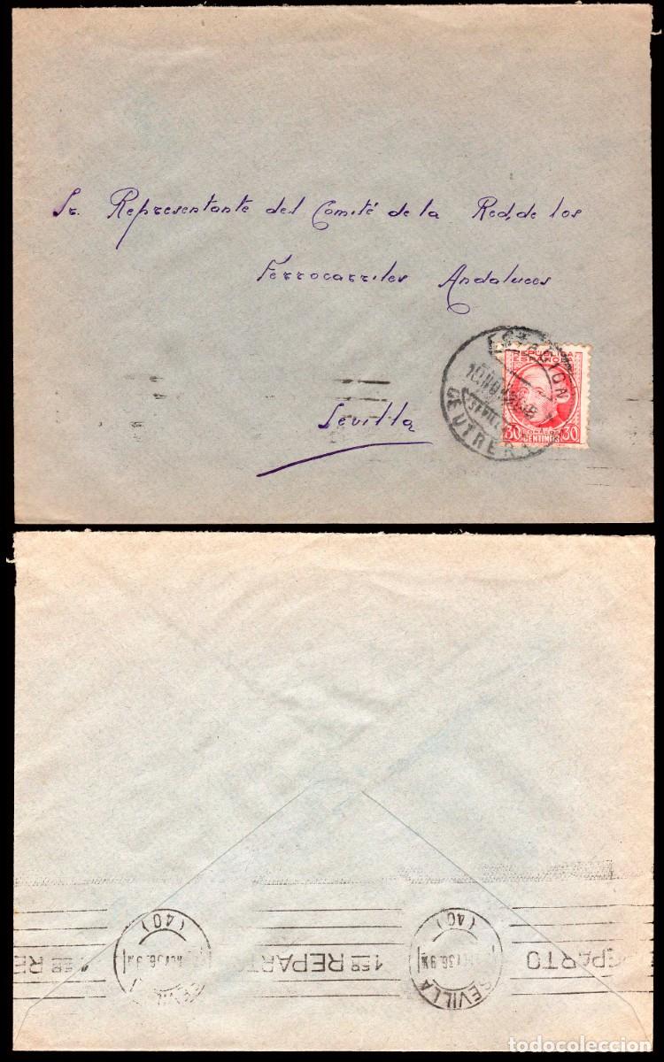 Sellos: Sevilla - Edi o 687 - Sobre Mat &rdquo;Estaci&oacute;n de Utrera 10/Nov./36&rdquo; a Sevilla