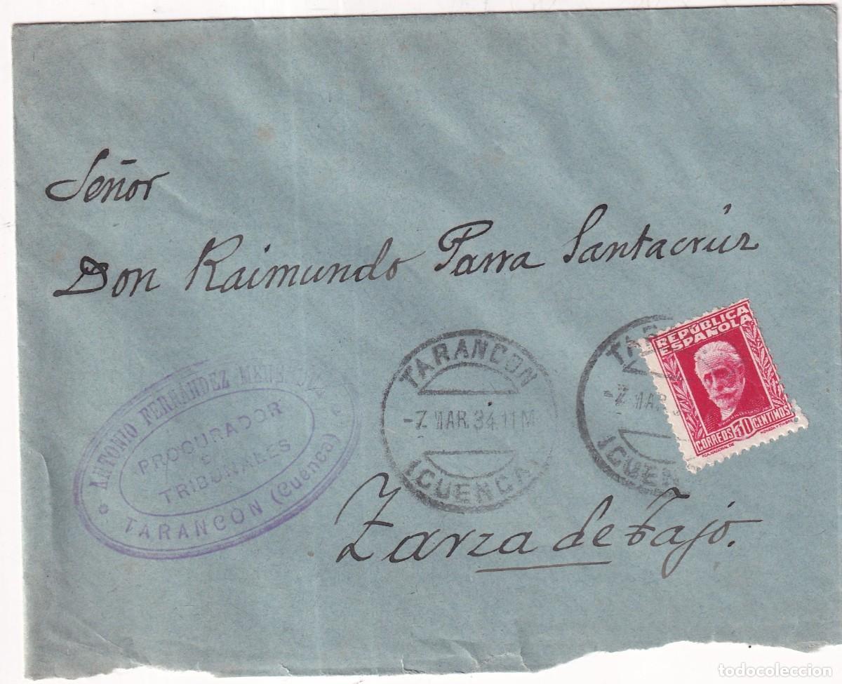 Sellos: Sobre Cuenca. Antonio Fern&aacute;ndez Taranc&oacute;n. Zarza de Tajo. 1934