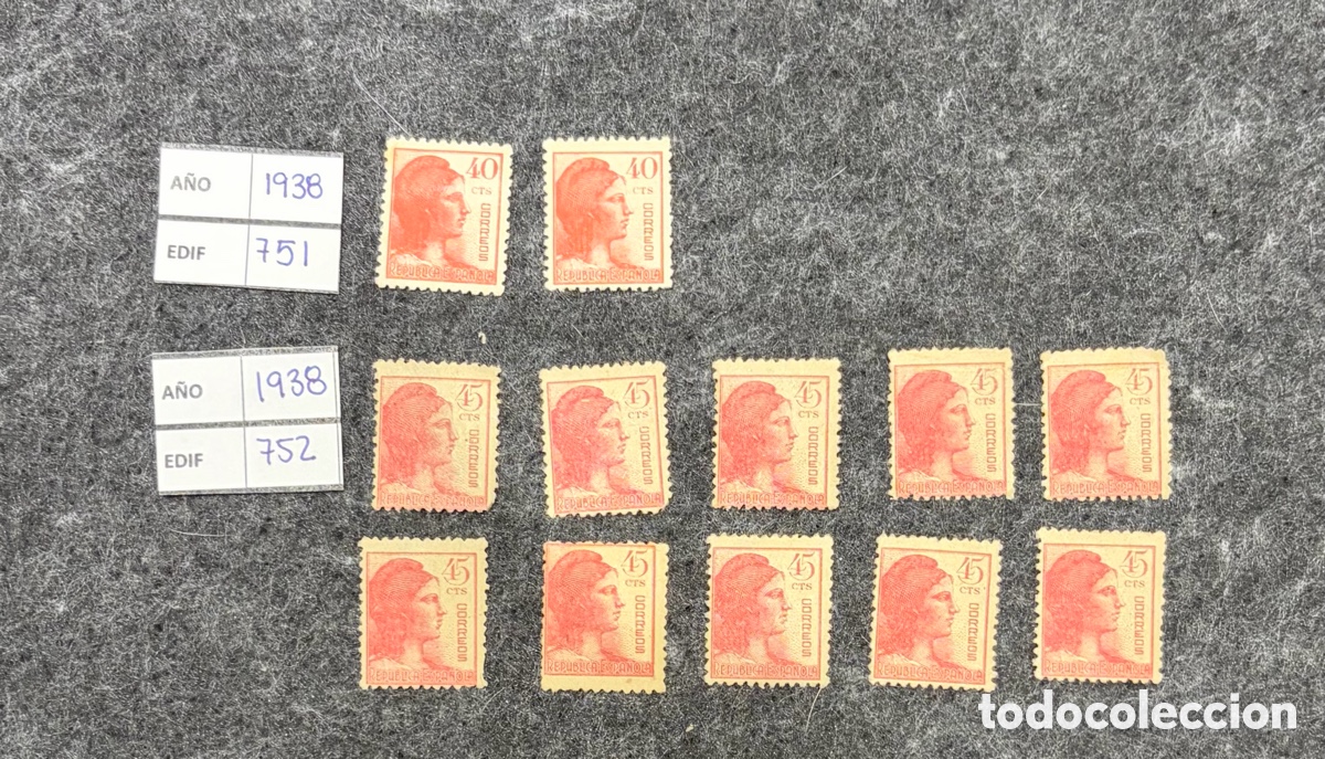 Sellos: Lote Sellos Espa&ntilde;a 1938 Edifil 751 752 &ndash; 45 cts Rep&uacute;blica (X unidades)