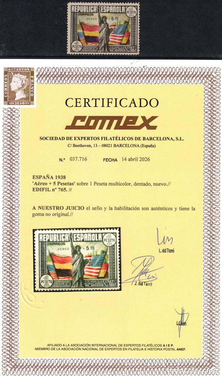 Sellos: ESPA&Ntilde;A ANIVERSARIO DE LA CONSTITUCION EEUU ** 765 A&Ntilde;O 1938 - CERTIFICADO COMEX