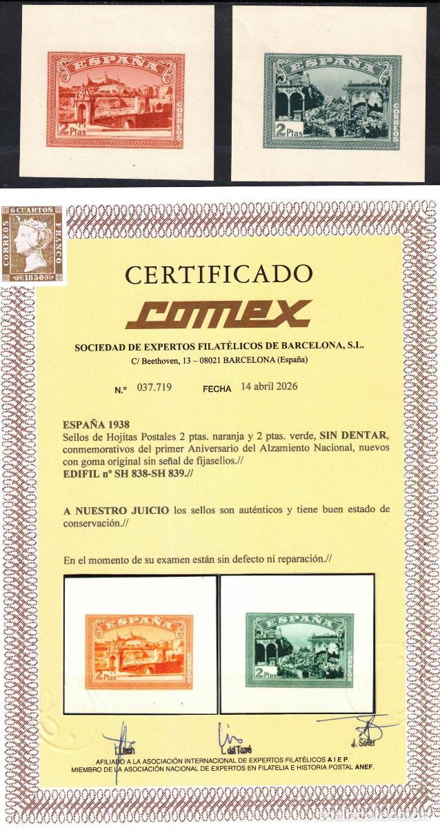 Sellos: ESPA&Ntilde;A ALZAMIENTO NACIONAL TOLEDO ** 838/839SH - A&Ntilde;O 1937 - CERTIFICADO COMEX - MNH - LUJO