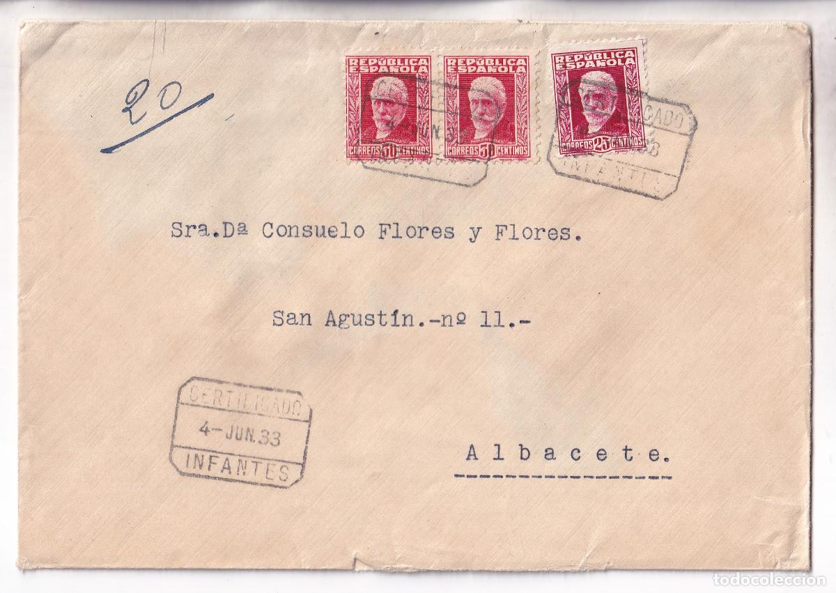 Sellos: SOBRE. CERTIFICADO. INFANTES. 1933. A ALBACETE. LACRES AL DORSO